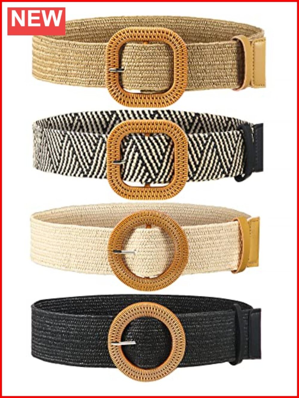 4 Pc Women's Straw Woven Elastic Stretch Belts Rattan Buckle